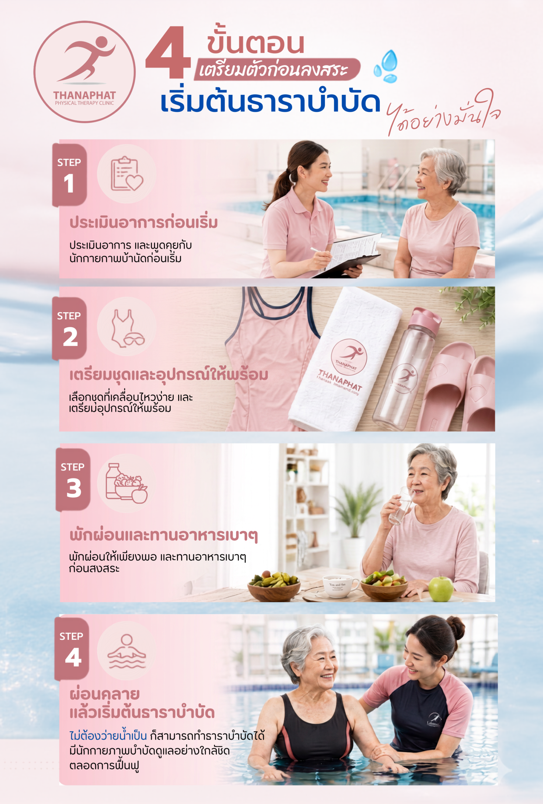 4 ขั้นตอนลงสระ ธาราบำบัด ที่ธนภัทรคลินิก 4 ขั้นตอนลงสระ ธาราบำบัด ที่ธนภัทรคลินิก